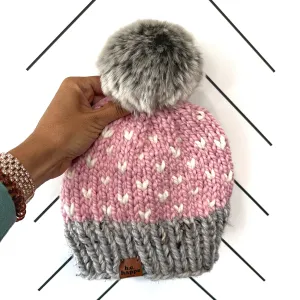 Adult Happe Hearts Knit Pom Hat | Blossom Pink   Grey   Off White