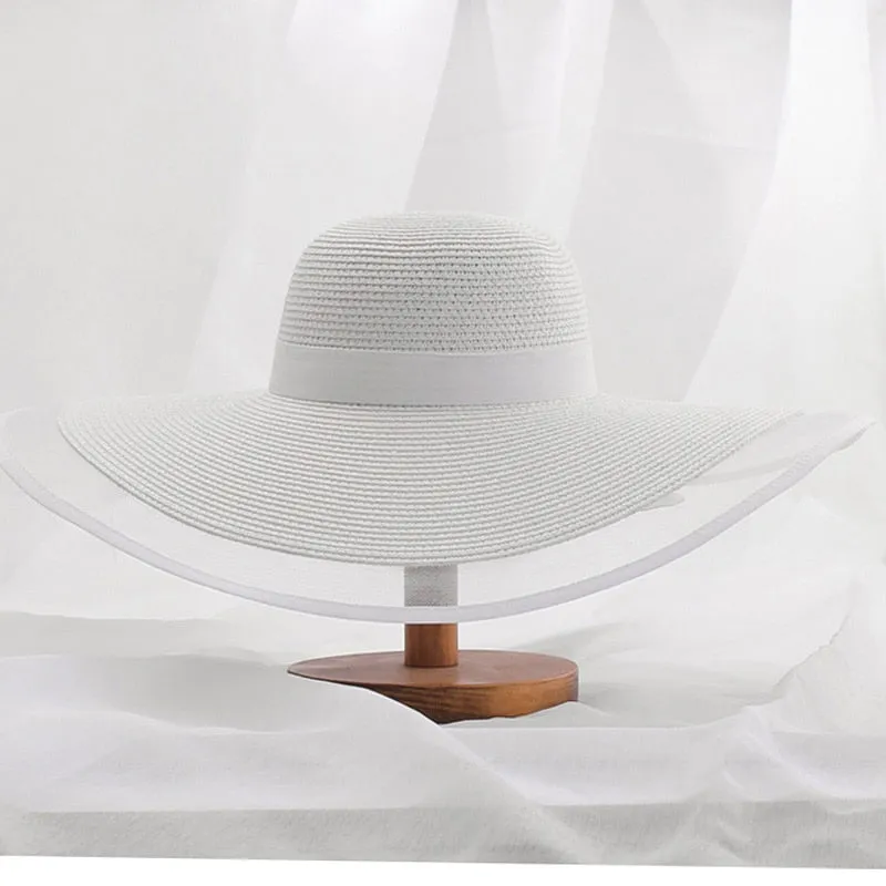 Ashore Shop Summer White Sun Hat Oversized Brim Sunscreen Floppy Beach Hat Women's Straw Hat Sunshade Seaside Holiday Lace Brim Wholesale