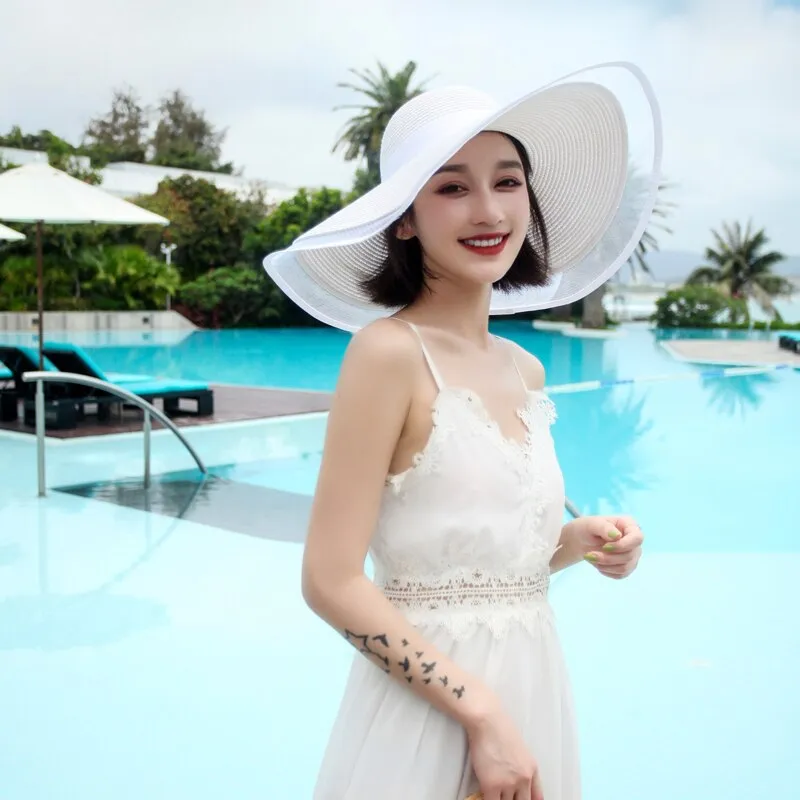 Ashore Shop Summer White Sun Hat Oversized Brim Sunscreen Floppy Beach Hat Women's Straw Hat Sunshade Seaside Holiday Lace Brim Wholesale