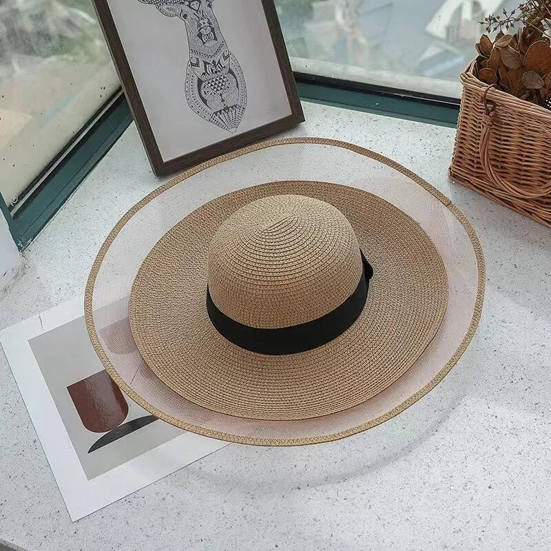 Ashore Shop Summer White Sun Hat Oversized Brim Sunscreen Floppy Beach Hat Women's Straw Hat Sunshade Seaside Holiday Lace Brim Wholesale