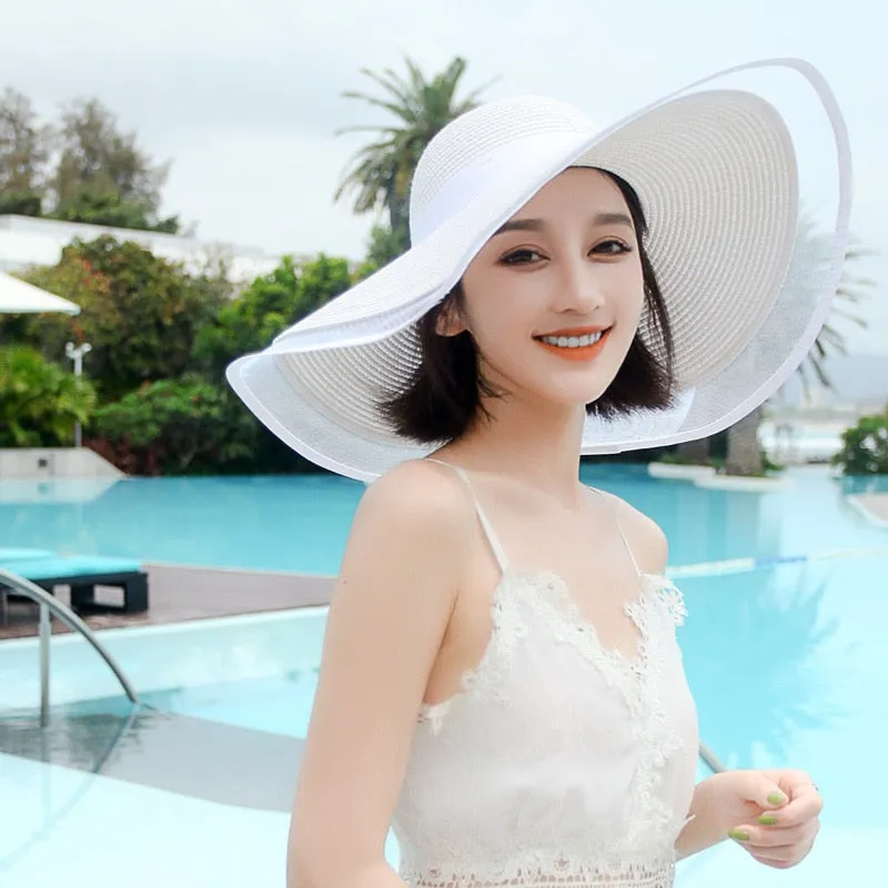 Ashore Shop Summer White Sun Hat Oversized Brim Sunscreen Floppy Beach Hat Women's Straw Hat Sunshade Seaside Holiday Lace Brim Wholesale