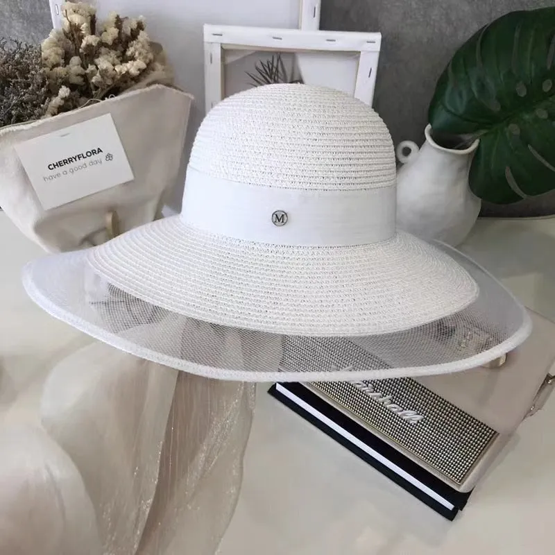 Ashore Shop Summer White Sun Hat Oversized Brim Sunscreen Floppy Beach Hat Women's Straw Hat Sunshade Seaside Holiday Lace Brim Wholesale