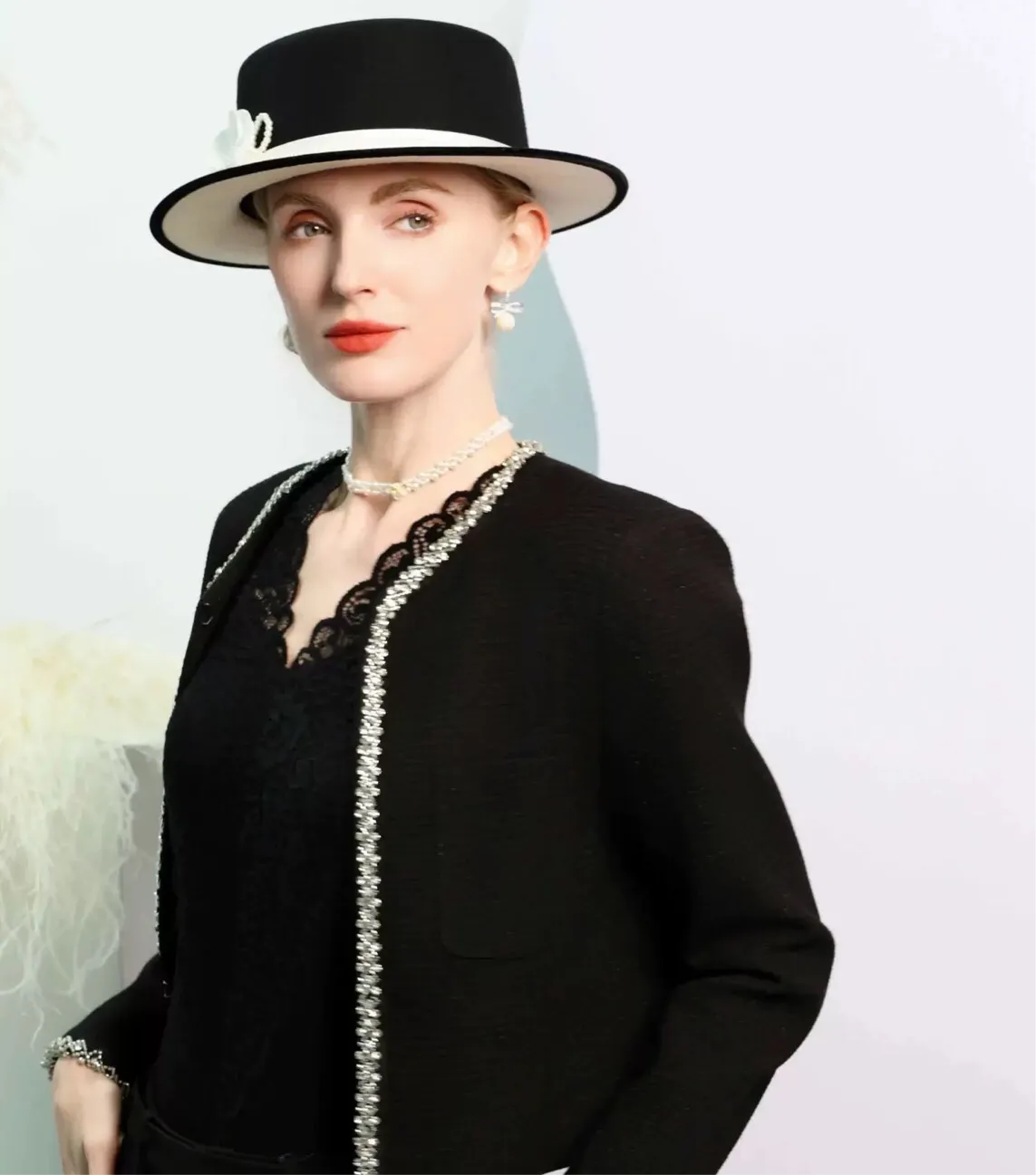 Black White Elegant Flat Brimmed Hat Wool Felt Fedoras