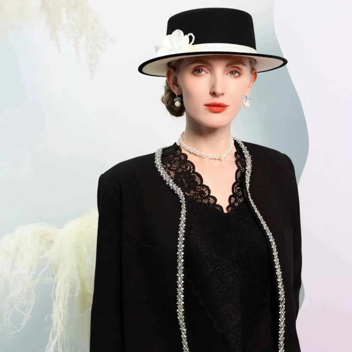 Black White Elegant Flat Brimmed Hat Wool Felt Fedoras