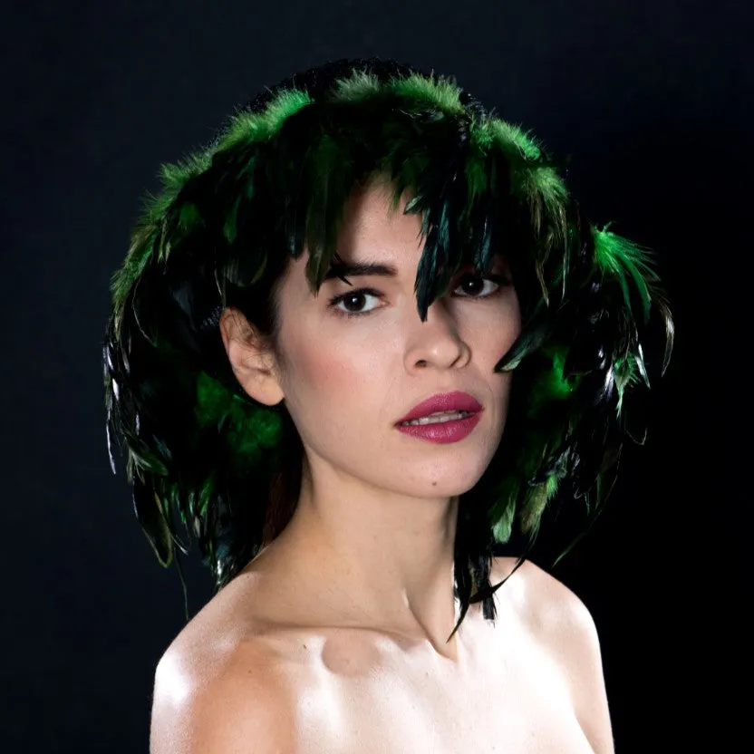 BW6403- Green and black feather dress hat with beaded button