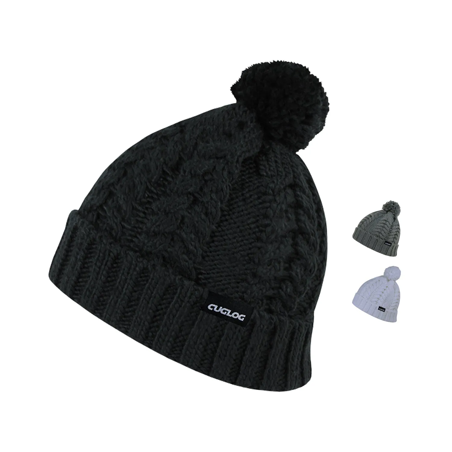 Cuglog K031 Vesuvius Long Cuffed Cable Knit Pom Pom Beanies Hats Winter Caps
