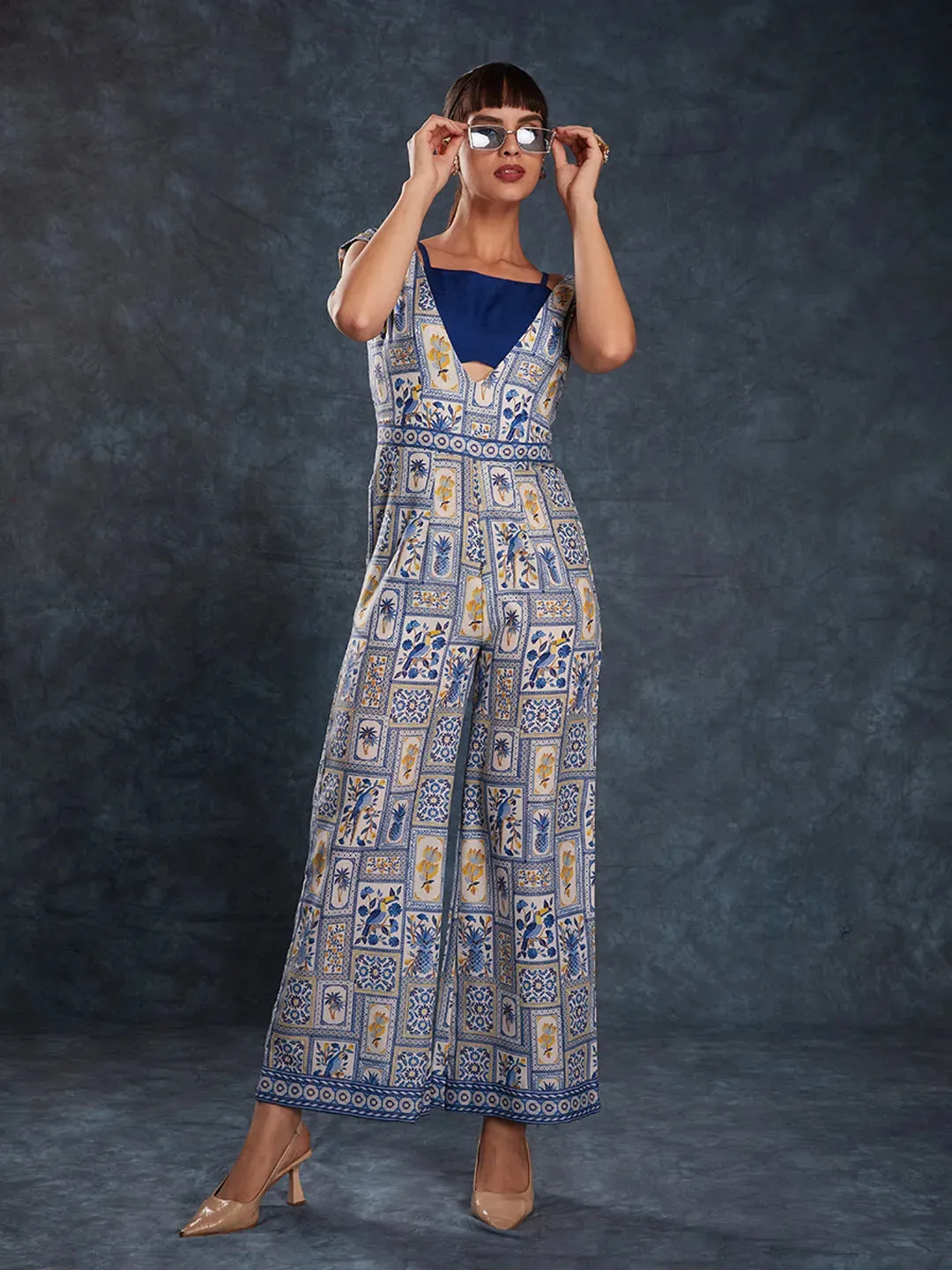 Designer Navy Blue Printed Jumpsuit
