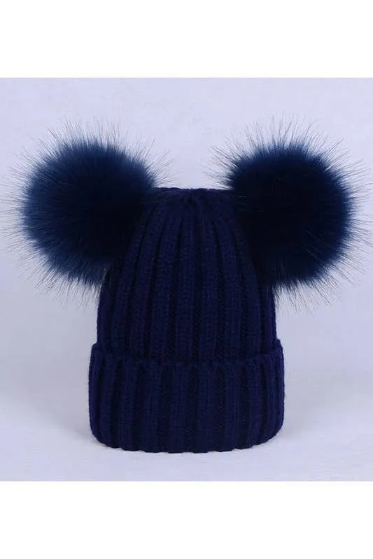 DOUBLE FLUFFY POM POM KNIT BEANIE