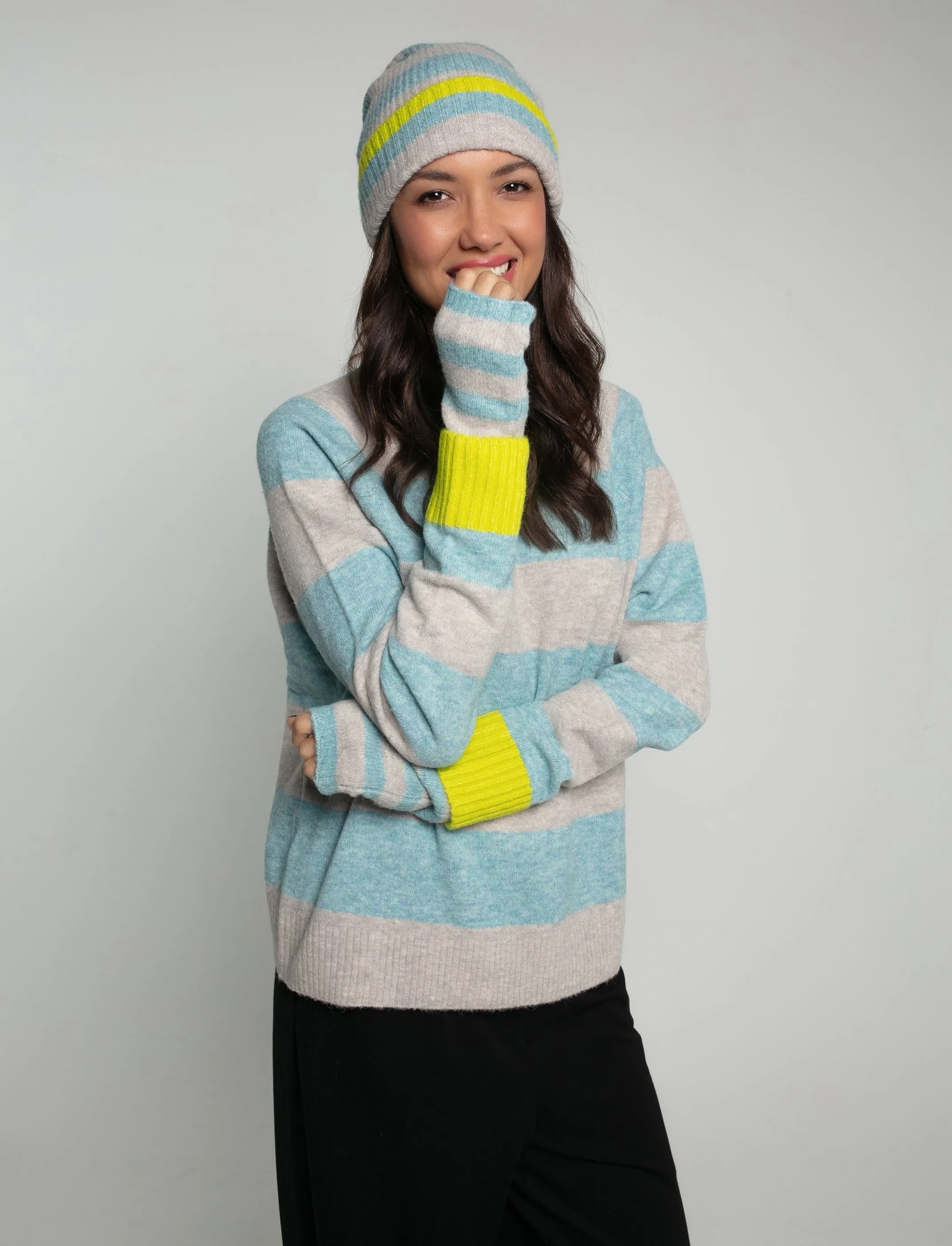 FARAH KNITTED STRIPE BEANIE-DUCK EGG