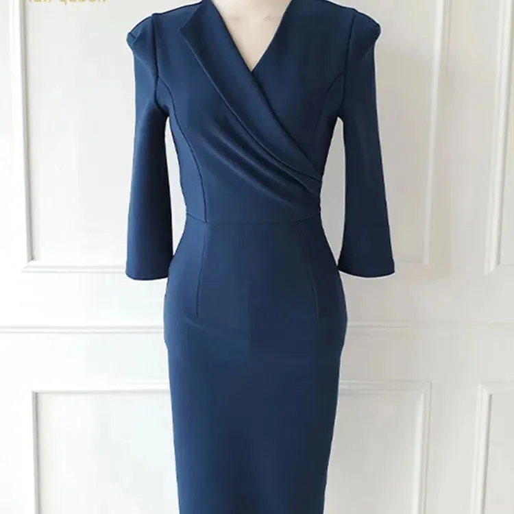 H Han Queen Summer Elegant V-Neck Slim Vintage Pencil Dress
