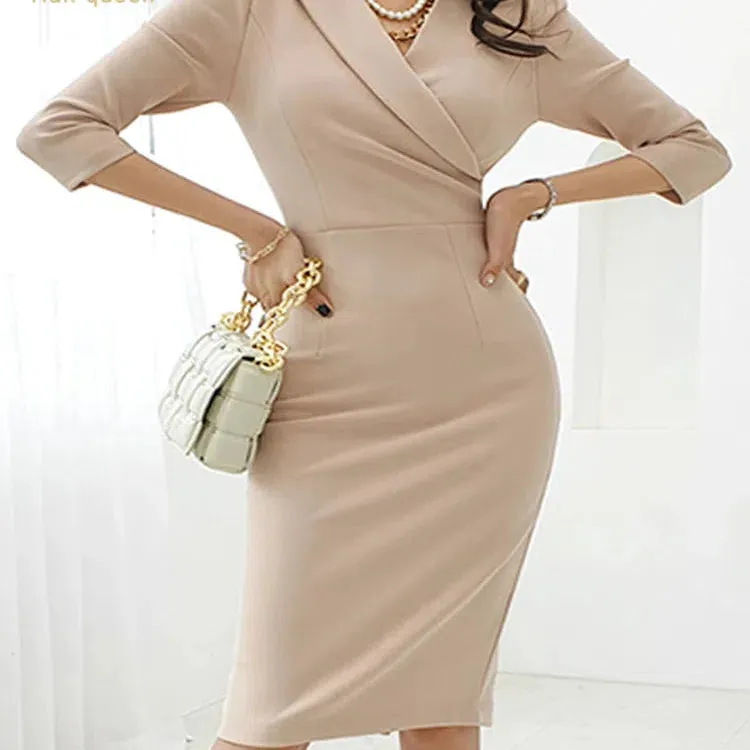 H Han Queen Summer Elegant V-Neck Slim Vintage Pencil Dress