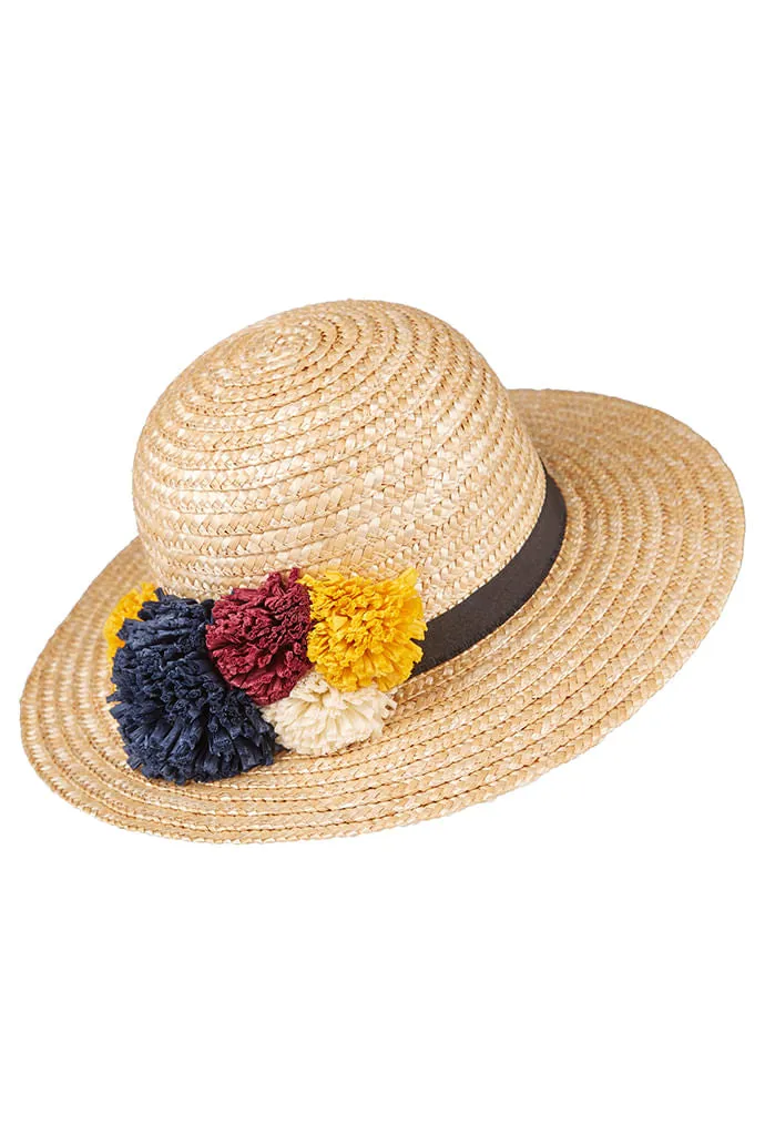 Louche Louise Straw Boater With Raffia Pom