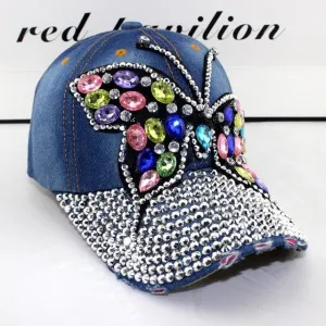 Mega Bling Bling Baseball Cap Women Full Rhinestones Colorful Big Butterfly Hat