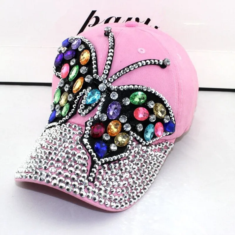 Mega Bling Bling Baseball Cap Women Full Rhinestones Colorful Big Butterfly Hat