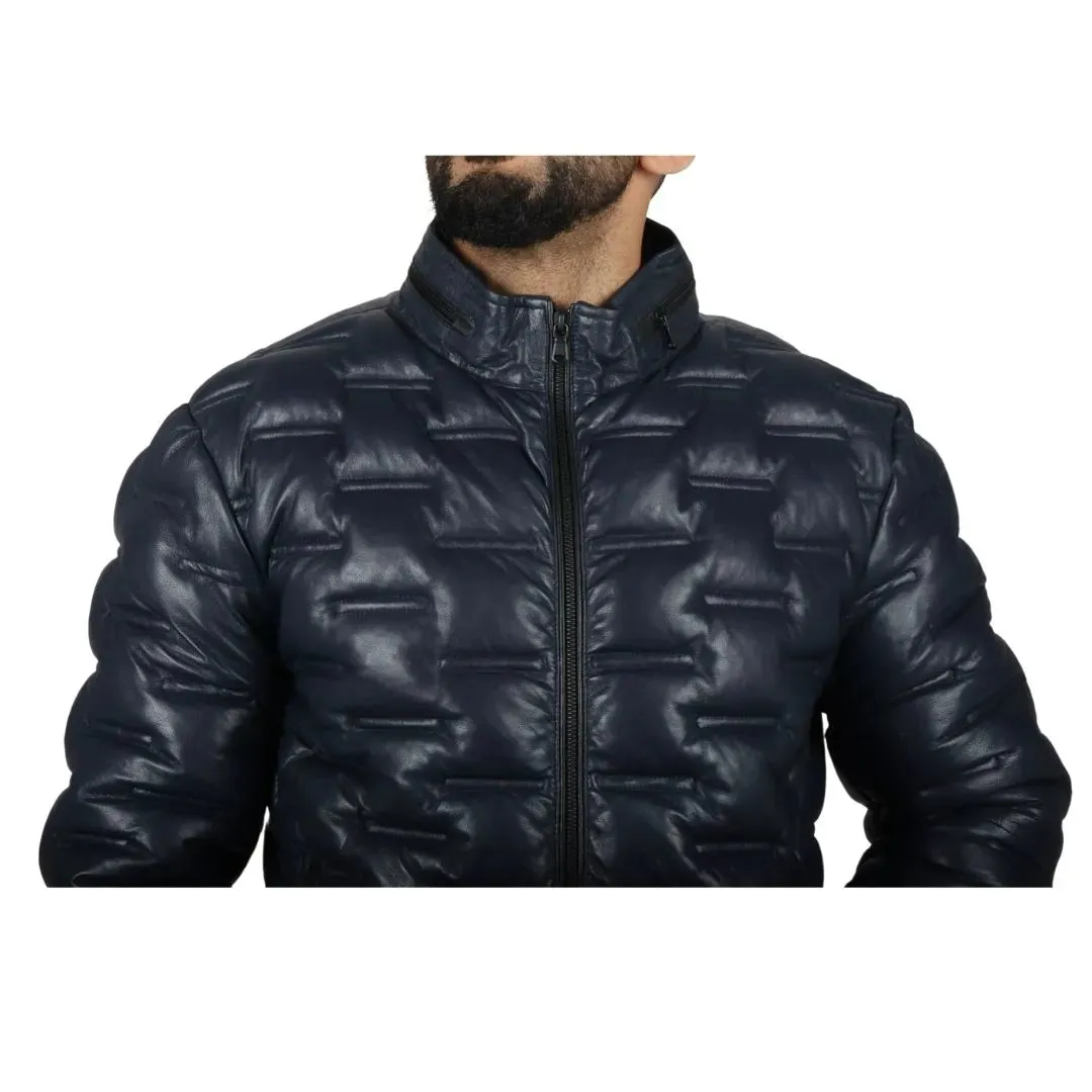 Men's Puffer Quilted Real Leather Waist Length Jacket