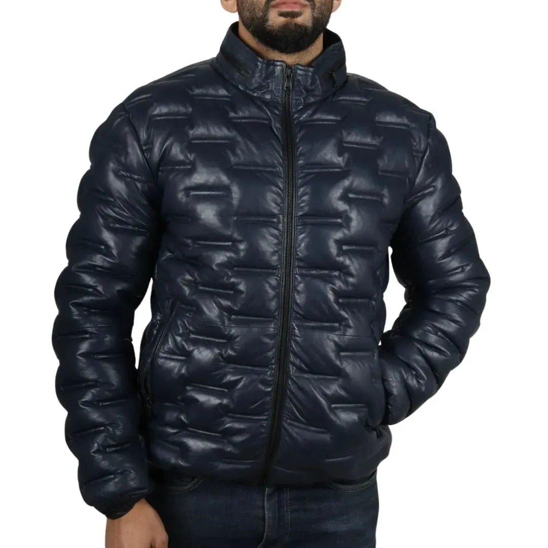 Men's Puffer Quilted Real Leather Waist Length Jacket