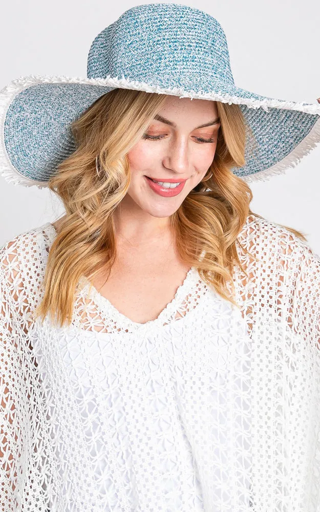 MH0145 FRAYED TWO TONE MIXED COLOR STRAW FLOPPY HAT