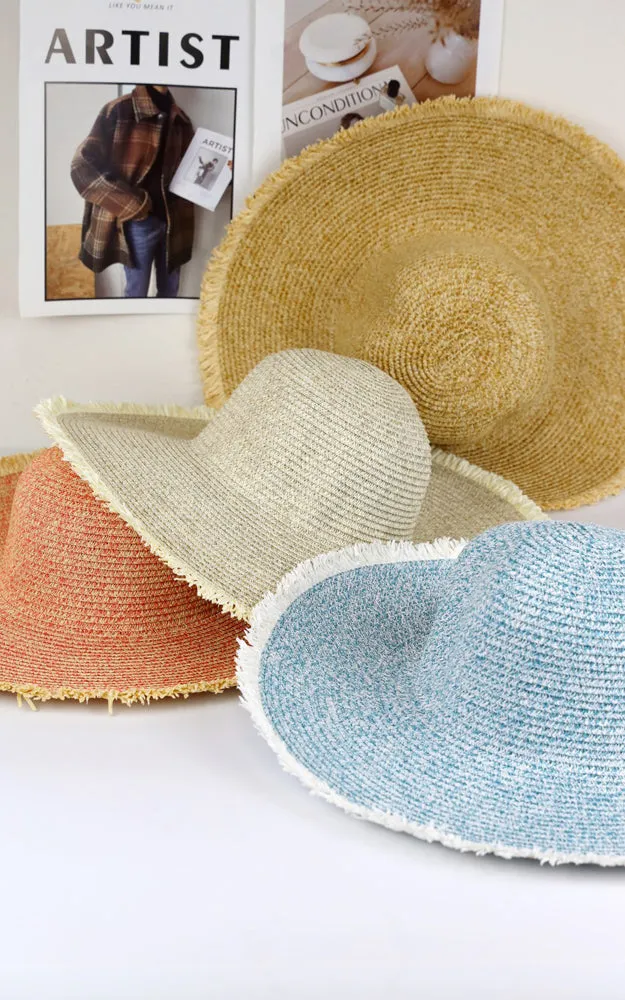 MH0145 FRAYED TWO TONE MIXED COLOR STRAW FLOPPY HAT