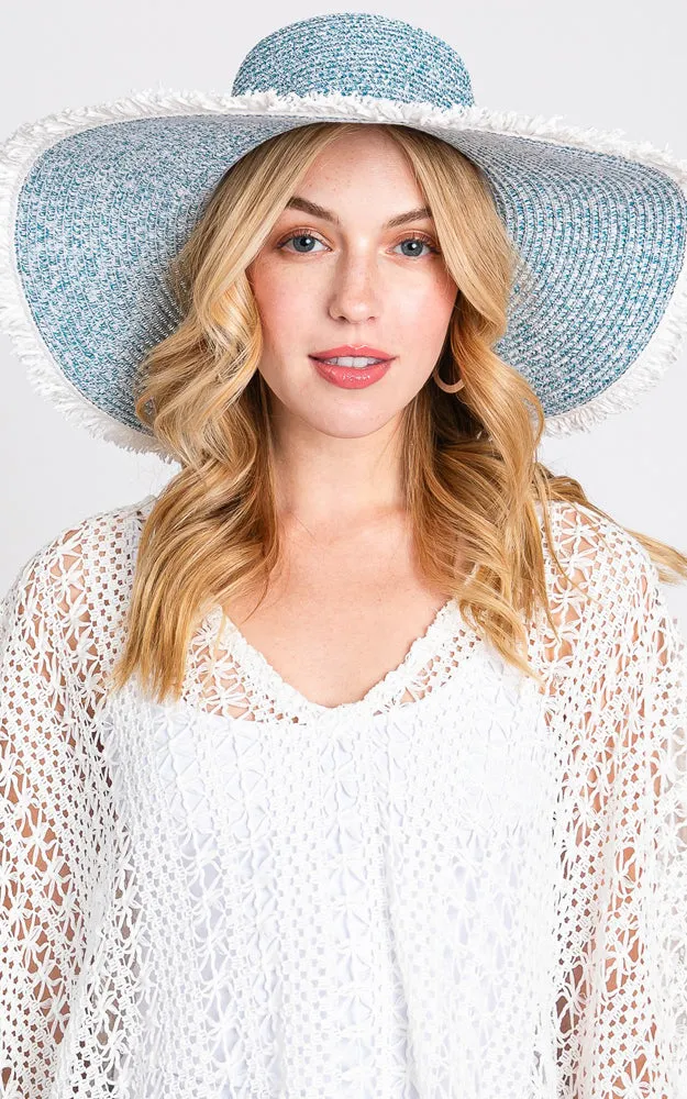 MH0145 FRAYED TWO TONE MIXED COLOR STRAW FLOPPY HAT