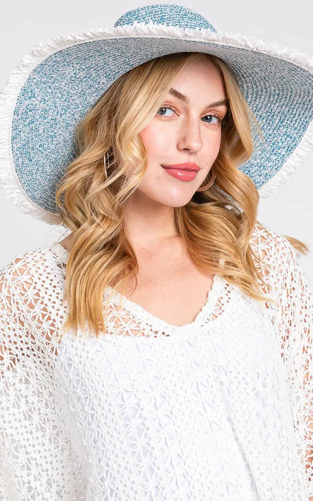 MH0145 FRAYED TWO TONE MIXED COLOR STRAW FLOPPY HAT