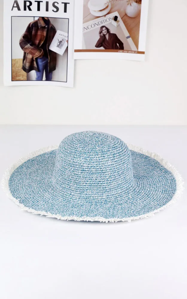 MH0145 FRAYED TWO TONE MIXED COLOR STRAW FLOPPY HAT