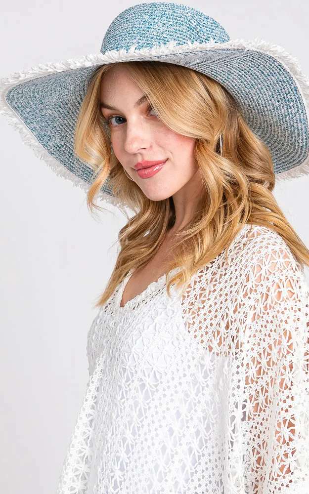 MH0145 FRAYED TWO TONE MIXED COLOR STRAW FLOPPY HAT