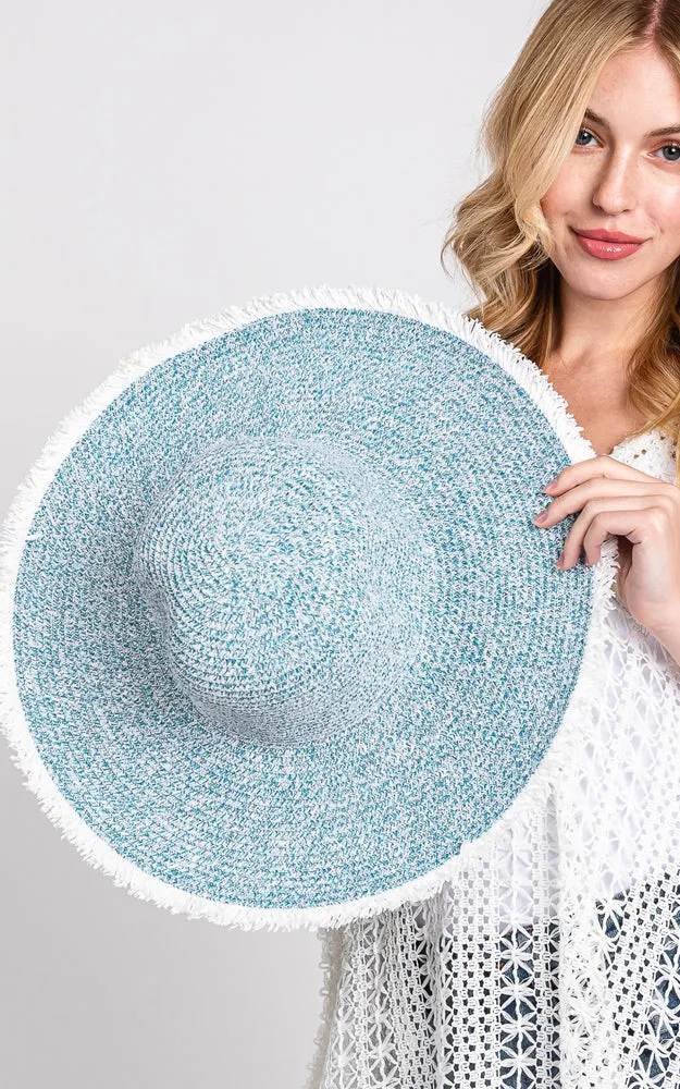 MH0145 FRAYED TWO TONE MIXED COLOR STRAW FLOPPY HAT