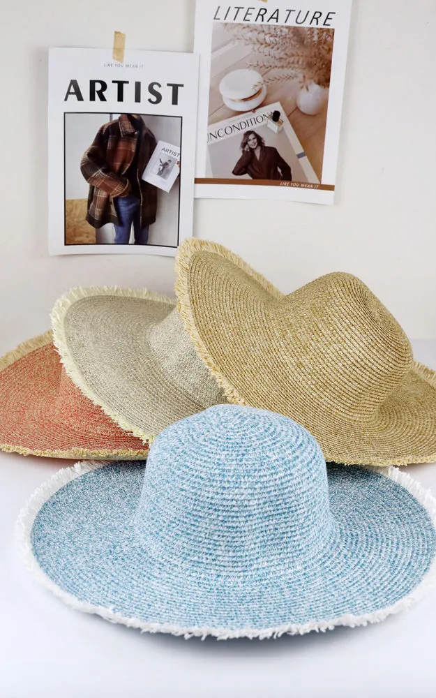 MH0145 FRAYED TWO TONE MIXED COLOR STRAW FLOPPY HAT
