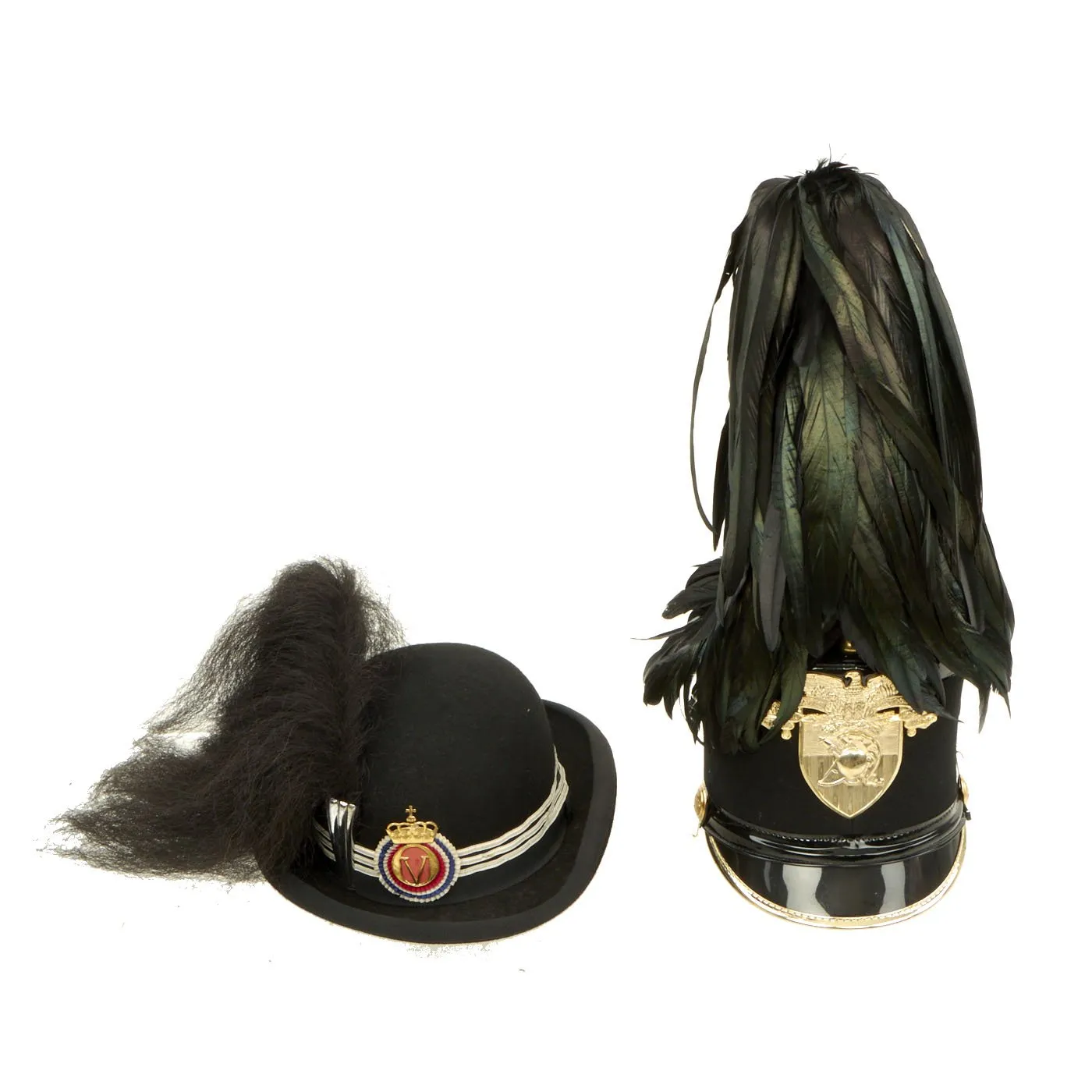 Original U.S. West Point Shako and Norwegian King's Guard Cap - Formerly Part the Tower of London Yeoman Warder’s Club Collection