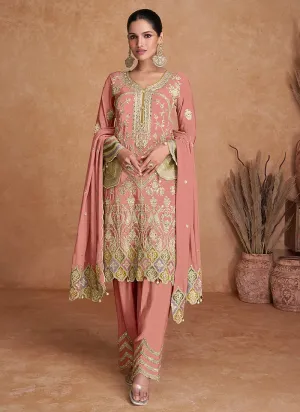 Peach Pure Chinon Traditional Stright Style Designer Suit