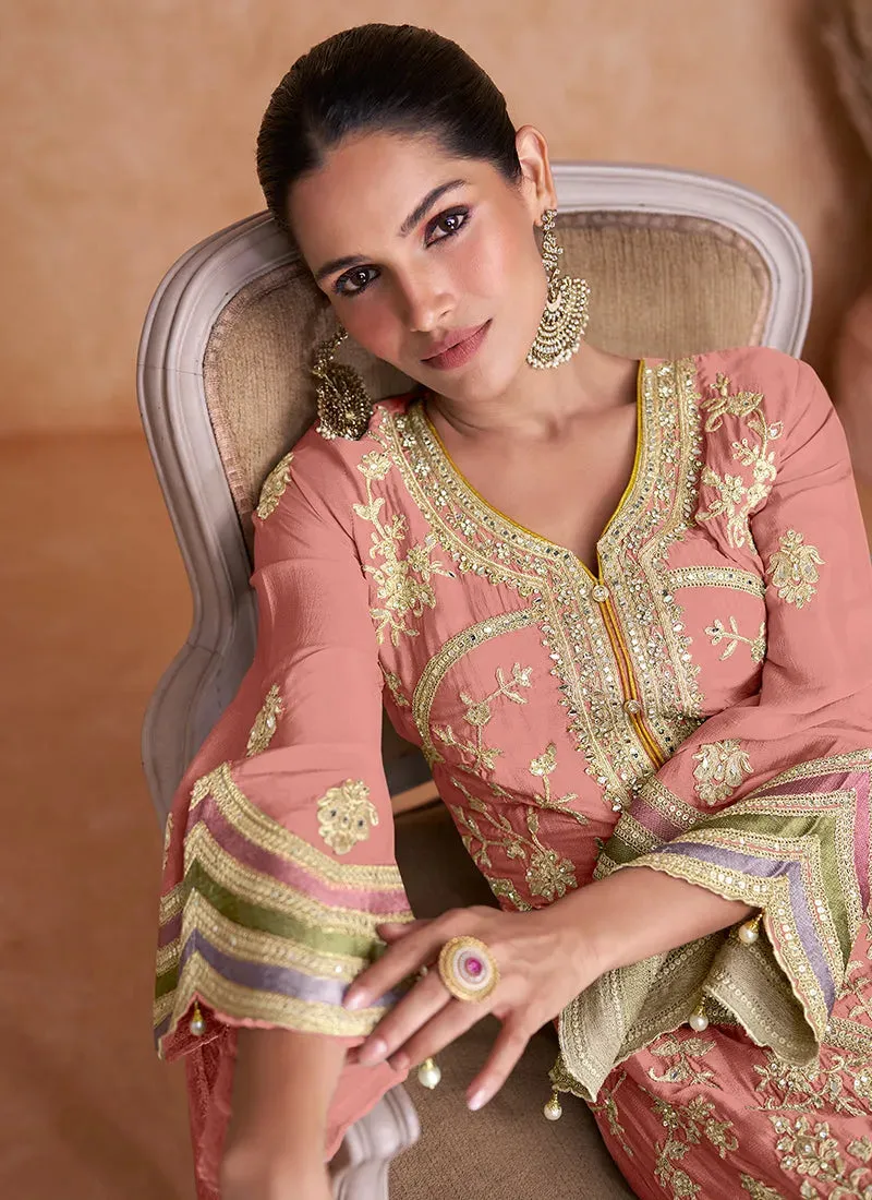 Peach Pure Chinon Traditional Stright Style Designer Suit