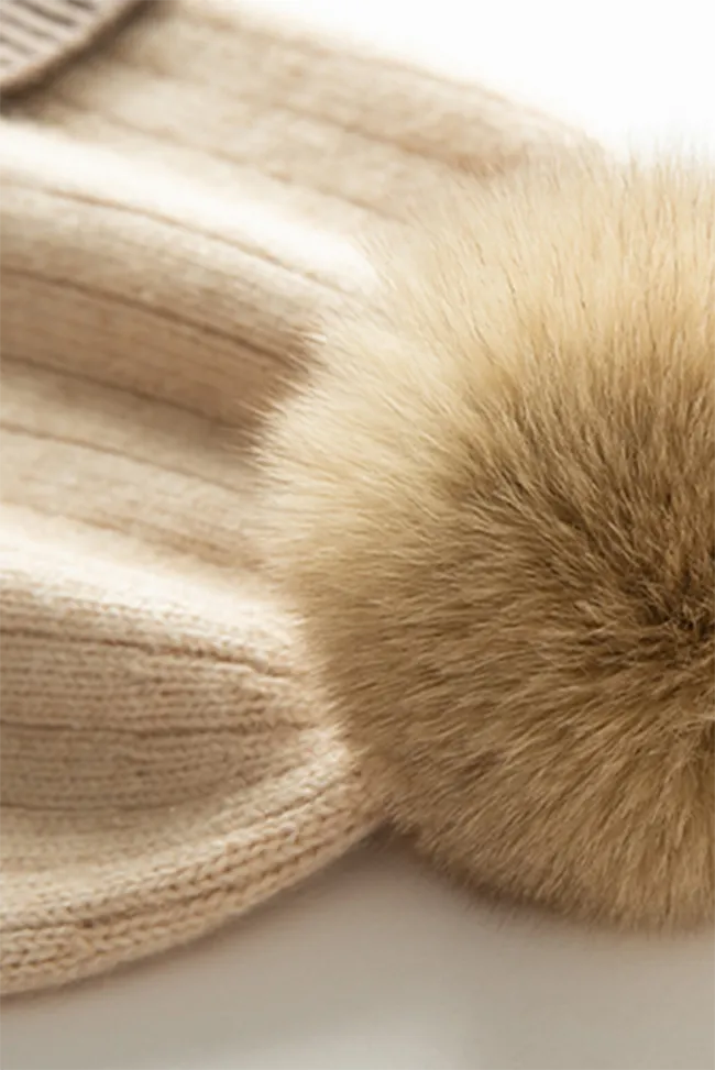RIbbed Color-block Knit Cashmere Beanie With Pom Pom