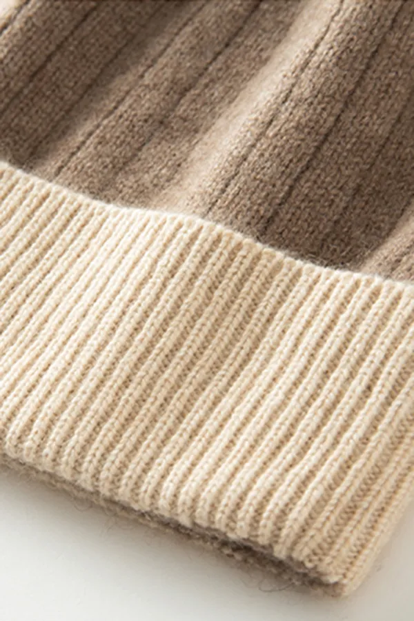 RIbbed Color-block Knit Cashmere Beanie With Pom Pom