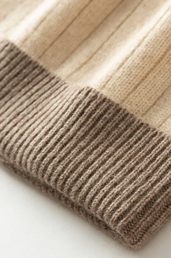 RIbbed Color-block Knit Cashmere Beanie With Pom Pom