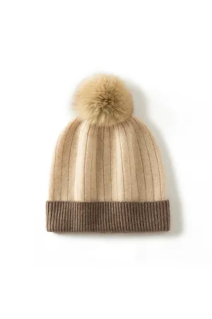 RIbbed Color-block Knit Cashmere Beanie With Pom Pom
