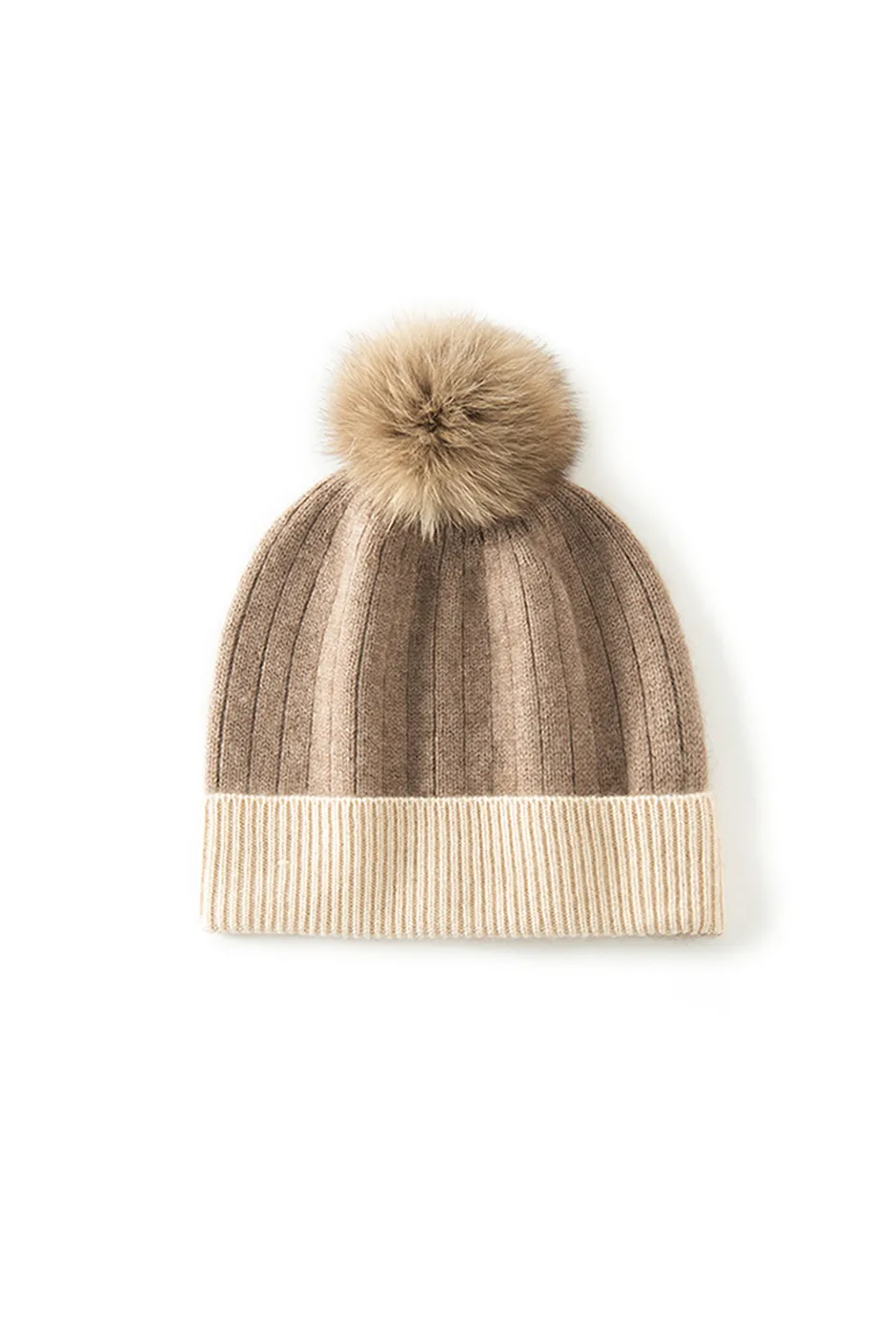 RIbbed Color-block Knit Cashmere Beanie With Pom Pom