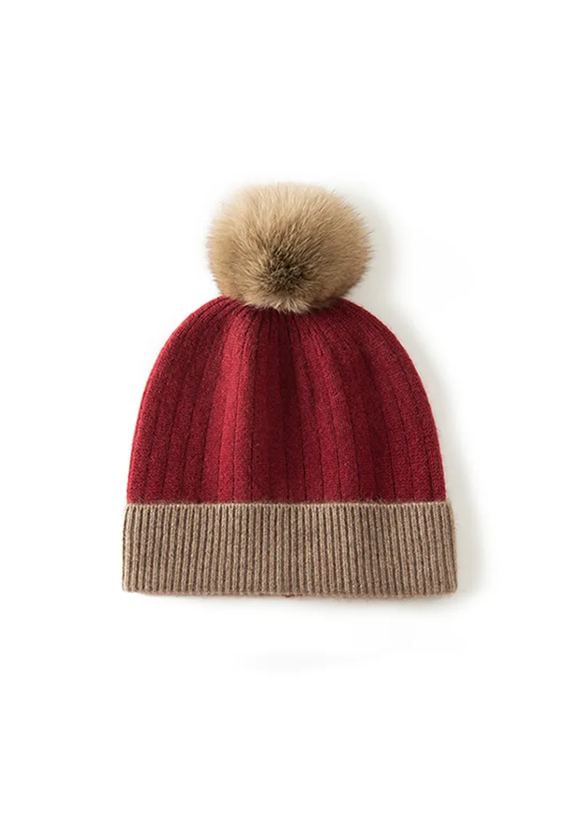 RIbbed Color-block Knit Cashmere Beanie With Pom Pom