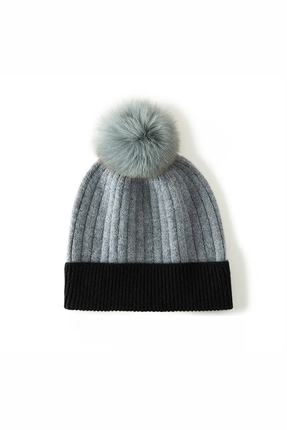 RIbbed Color-block Knit Cashmere Beanie With Pom Pom