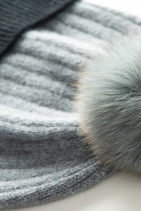 RIbbed Color-block Knit Cashmere Beanie With Pom Pom