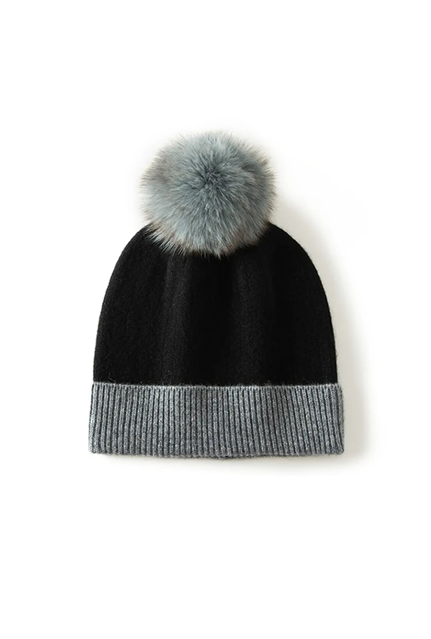 RIbbed Color-block Knit Cashmere Beanie With Pom Pom