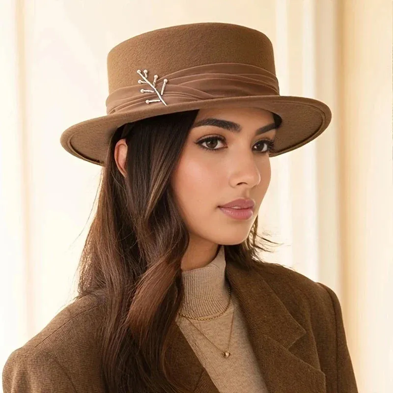 Ribbon Wool Fedora Flat Brim Jazz Sun Hat
