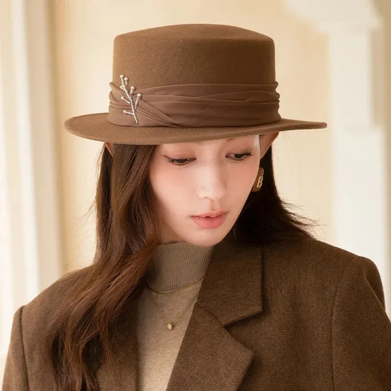 Ribbon Wool Fedora Flat Brim Jazz Sun Hat