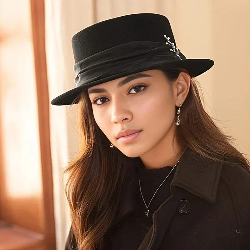 Ribbon Wool Fedora Flat Brim Jazz Sun Hat