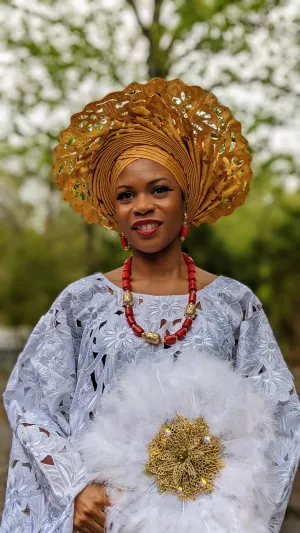Salewa Gold African Lazercut pre-tied Aso Oke Autogele Ready Gele head wrap hat - DPAGLC06