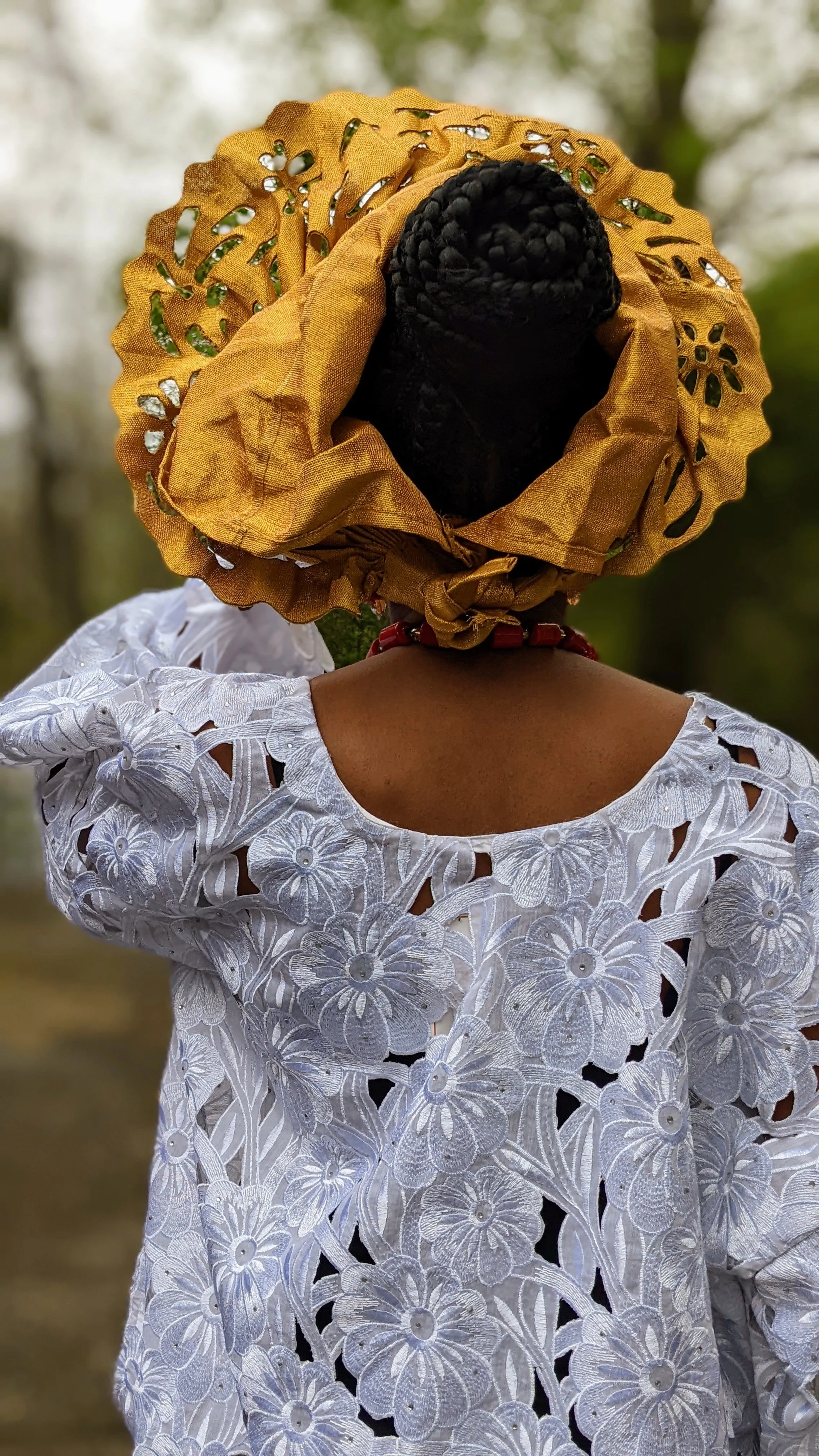 Salewa Gold African Lazercut pre-tied Aso Oke Autogele Ready Gele head wrap hat - DPAGLC06