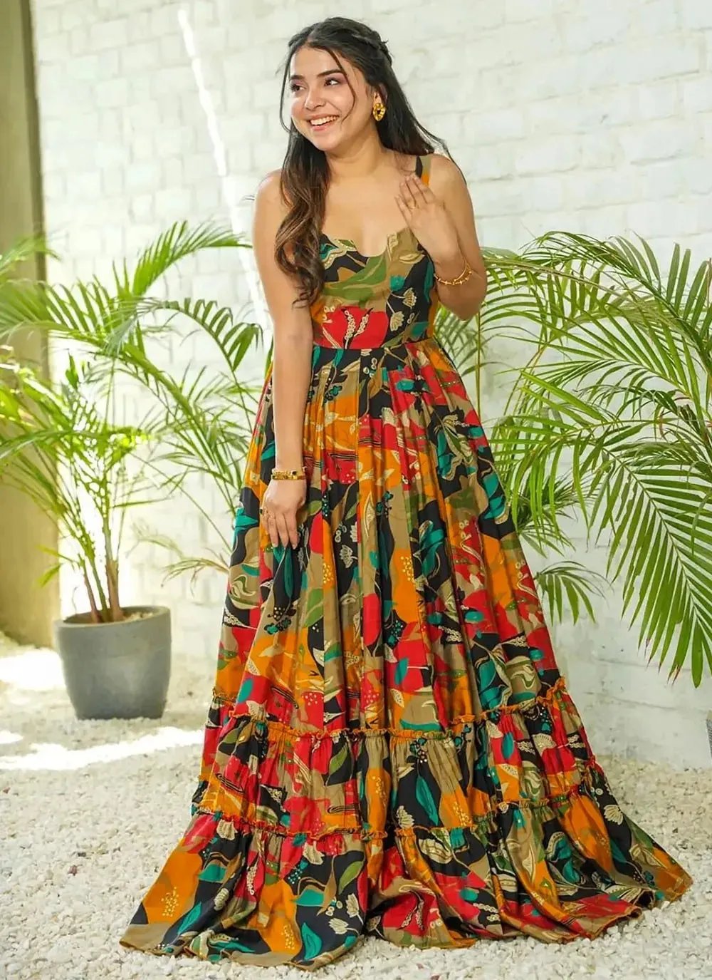 Vibrant Rayon Gown with Full Flare and Multicolor Digital Print