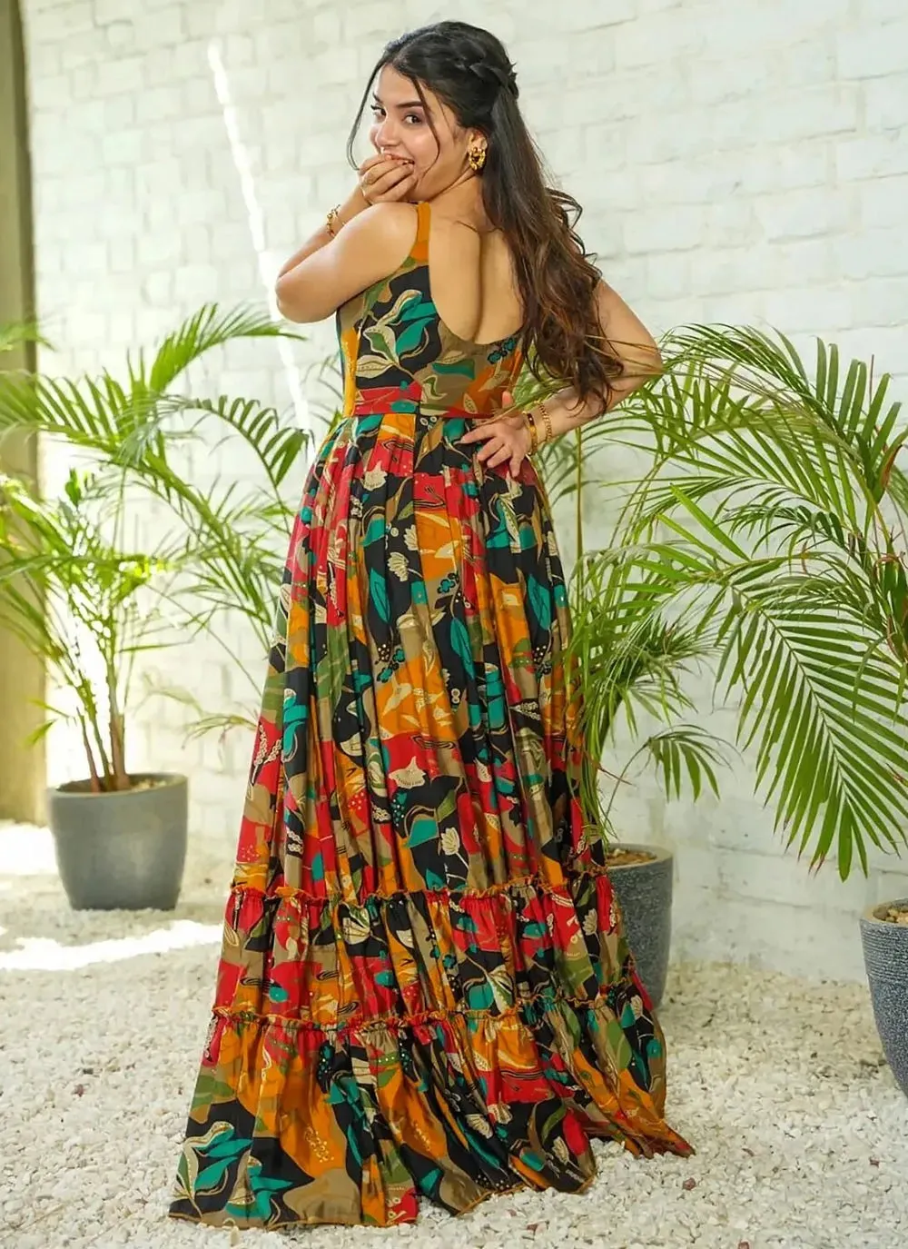 Vibrant Rayon Gown with Full Flare and Multicolor Digital Print