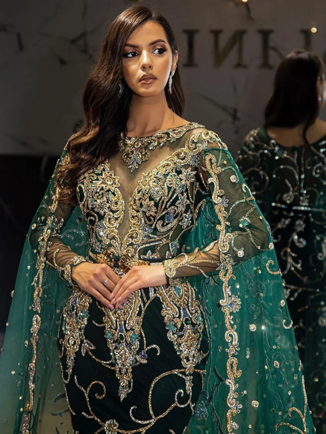 Vintage Long Sleeve Green Crystal High Waist Mermaid Dress