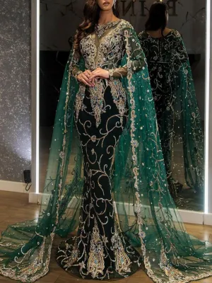 Vintage Long Sleeve Green Crystal High Waist Mermaid Dress