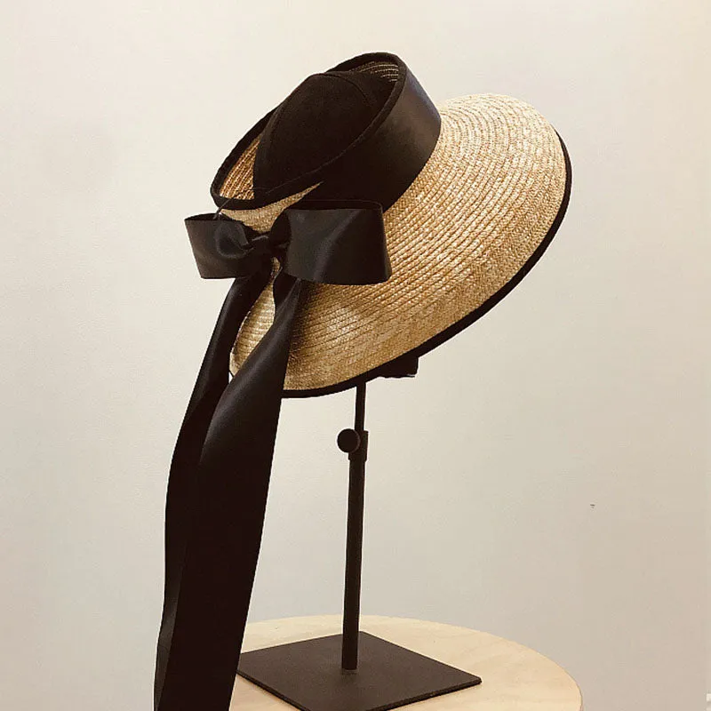 Wide Brim Straw Beach Hat with Long Ribbon Bow